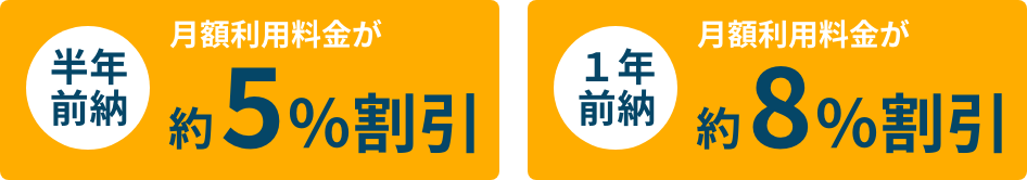 半年前納　月額料金が約5%割引
1年前納　月額料金が約8%割引
